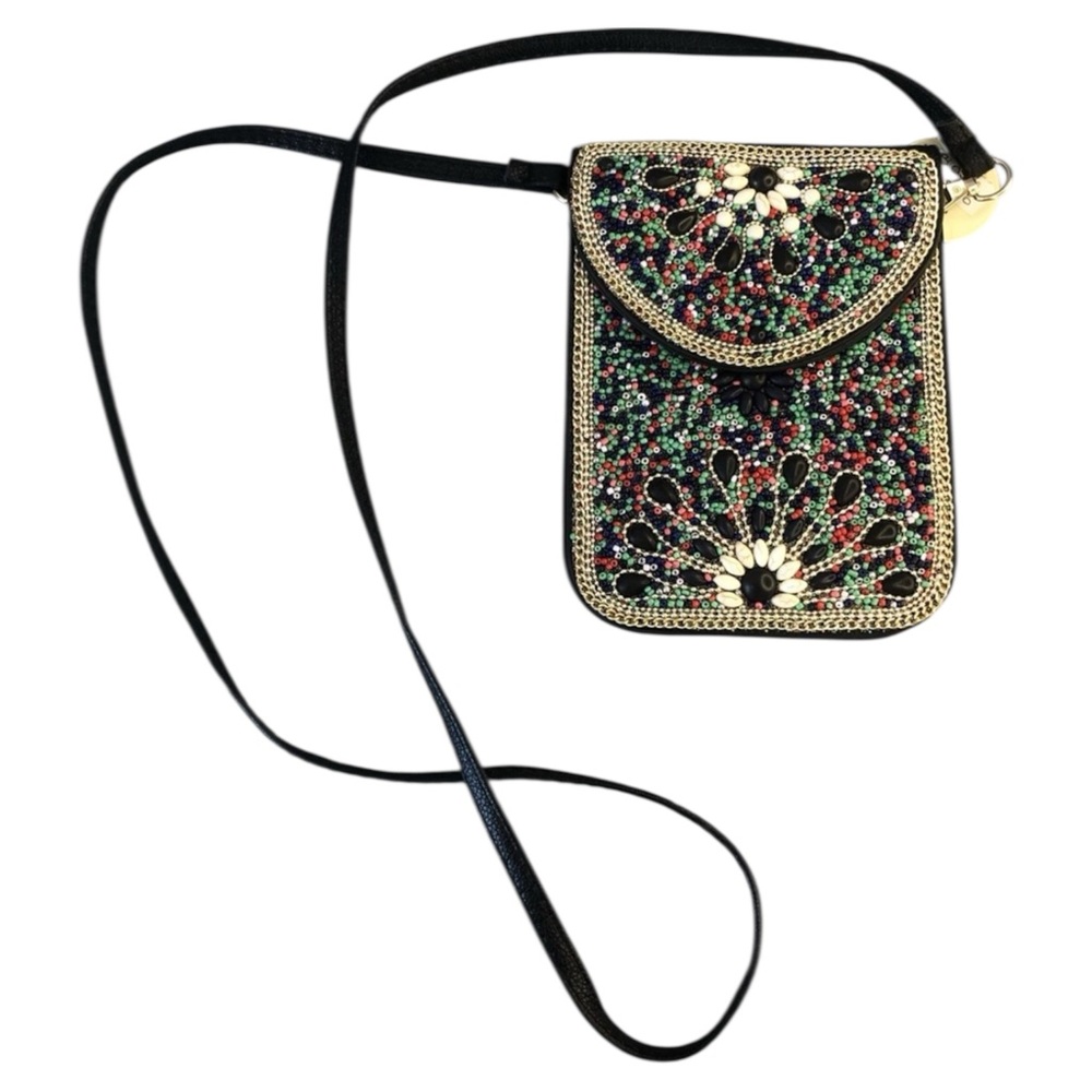 Beaded Crossbody Bag Hippie/Bohemian Style Real Super Soft Leather 7in x 5.5in